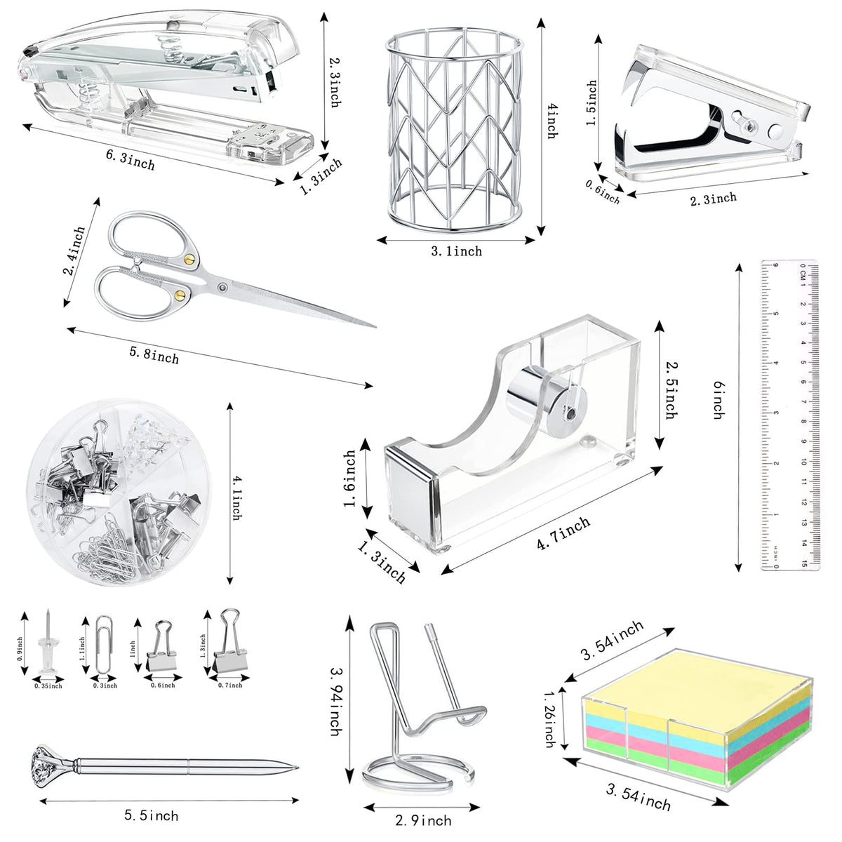 Office Desk Accessories, Acrylic Stapler, Staple Remover, Tape Holder, Pen Holder, Ballpoint Pen, Scissor, Binder Clips, 1000pcs Staples, Phone Holder, Ruler, Transparent Glue and 300 Notes