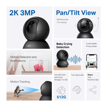 Tapo 2K Indoor Pan/Tilt Wired Security Camera - Works as a Baby Monitor & Pet Camera, Motion Detection, 2-Way Audio, Siren, Night Vision, No-Subscription Local Storage or Optional Cloud, C211 (2-Pack)