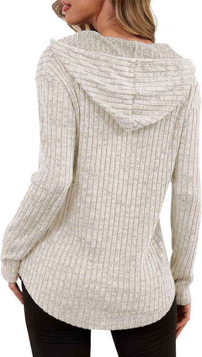 Lylinan Womens Cozy Knit Sweaters Hoodies Ribbed V Neck Pullover Sweatshirts for Fall Outfits S-XXL