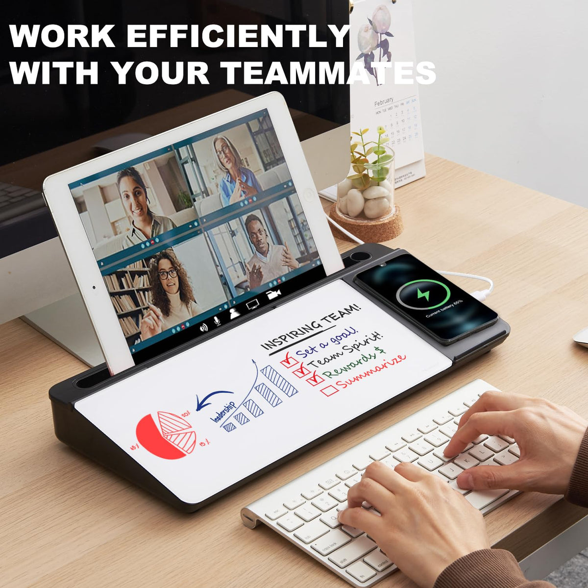 Small Glass Desktop Whiteboard Dry-Erase-Board - Computer Keyboard Stand with Wireless Charger White Board Surface Pad with Drawer, Desk Organizers with Accessories for Office, Home, School Supplies