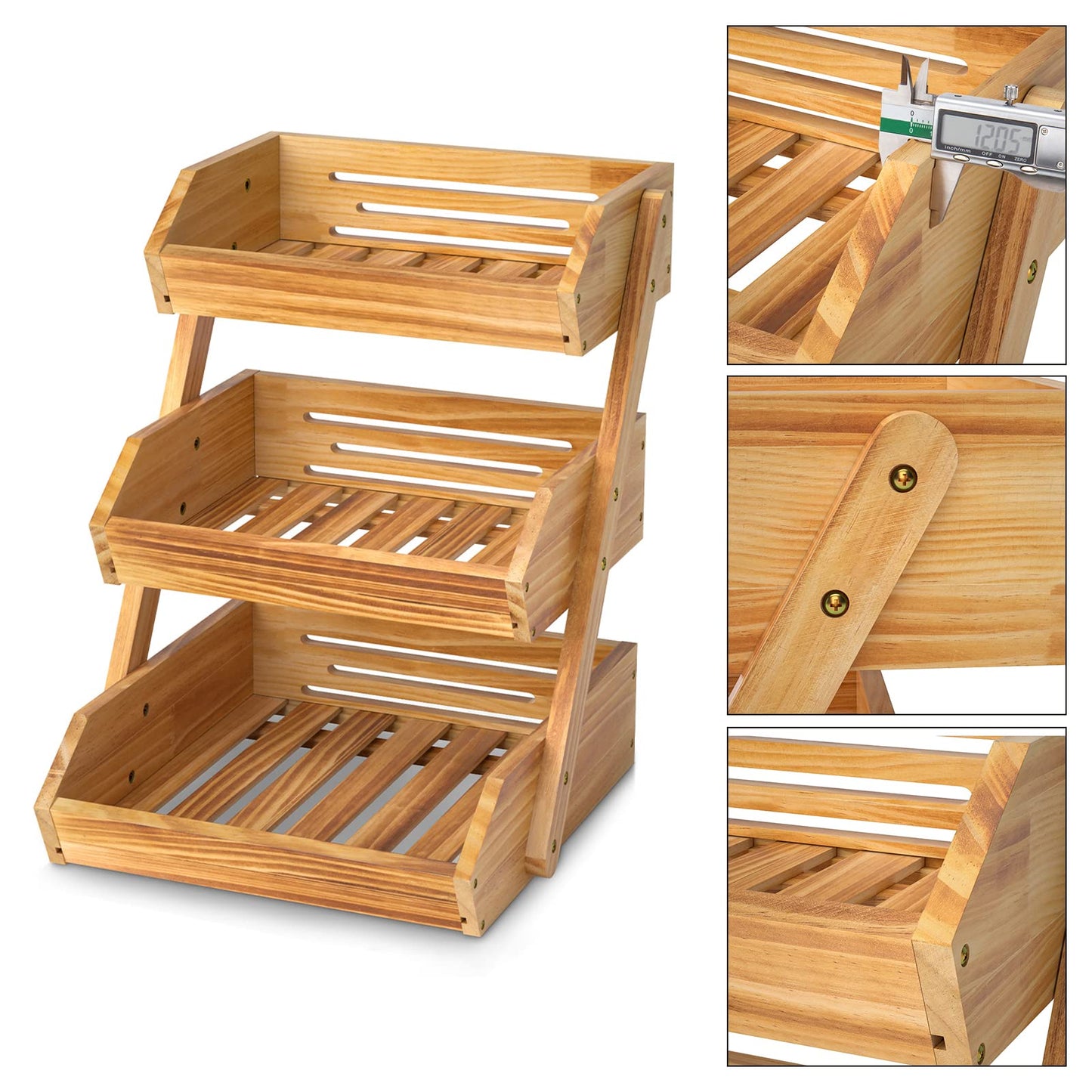 Merysen 3-Tier Wooden Fruit Basket For Kitchen Countertop, Bread Vegetable Basket Bowl Stand, Large