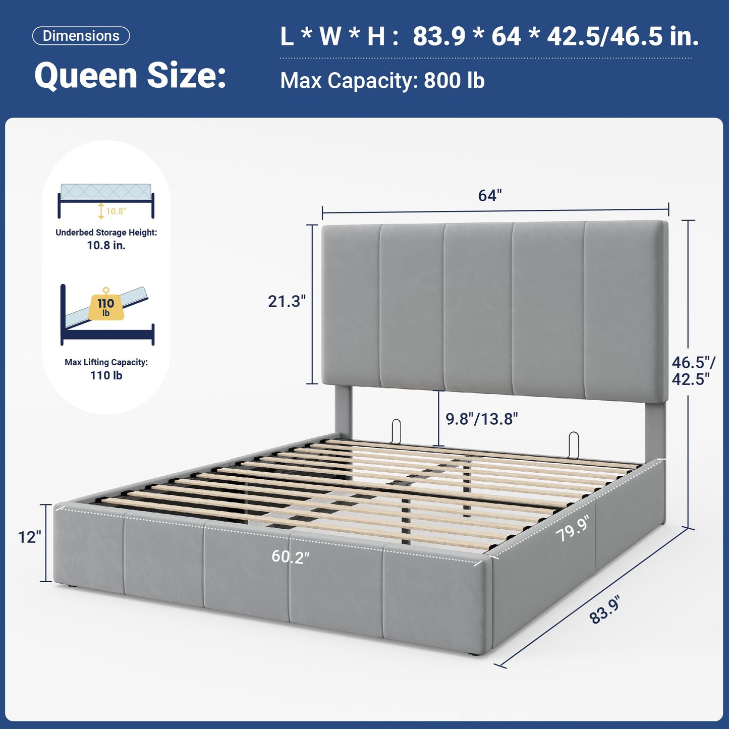 Allewie Queen Size Velvet Lift Up Storage Bed Frame, Vertical Channel Tufted Headboard, Hydrualic Underneath Storage, Upholstered Platform Bed, Wooden Slats Support, No Box Spring Needed, Gray