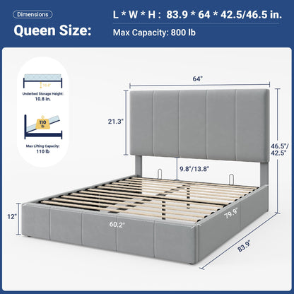 Allewie Queen Size Velvet Lift Up Storage Bed Frame, Vertical Channel Tufted Headboard, Hydrualic Underneath Storage, Upholstered Platform Bed, Wooden Slats Support, No Box Spring Needed, Gray