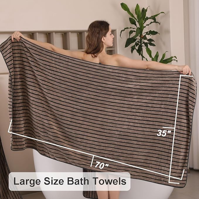 Oliven 4 Piece Brown Cabana Stripe Large Bath Towels Oversized Bath Sheet Super