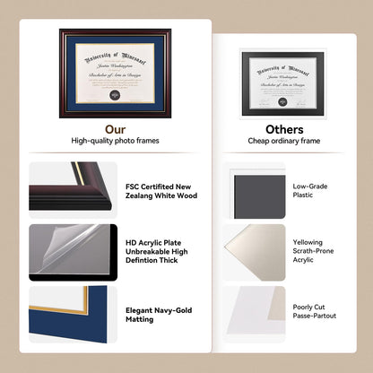 GAMYPET Solid Wood Diploma Frame 8.5 x 11 Certificate Frames with Navy Mat or 11x14 Document without Mat as Graduation Picture Frame