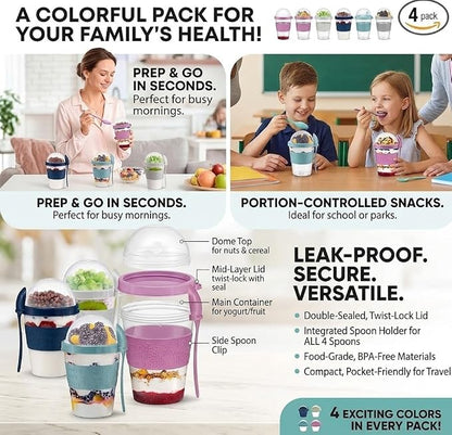 Salda 4 Pack 20 oz Breakfast On the Go Cups, Take and Go Yogurt Cup with Topping Cereal Cup with spoon, Overnight Oats or Oatmeal Container Jar, Colorful Set of 4