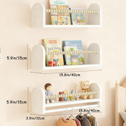 OurWarm Nursery Book Shelves for Wall Set of 3, White Natural Wood Nursery Floating Shelves with Towel Bar, Wall Mounted Floating Bookshelves for Baby Room Kids Room Living Room Storage and Decor