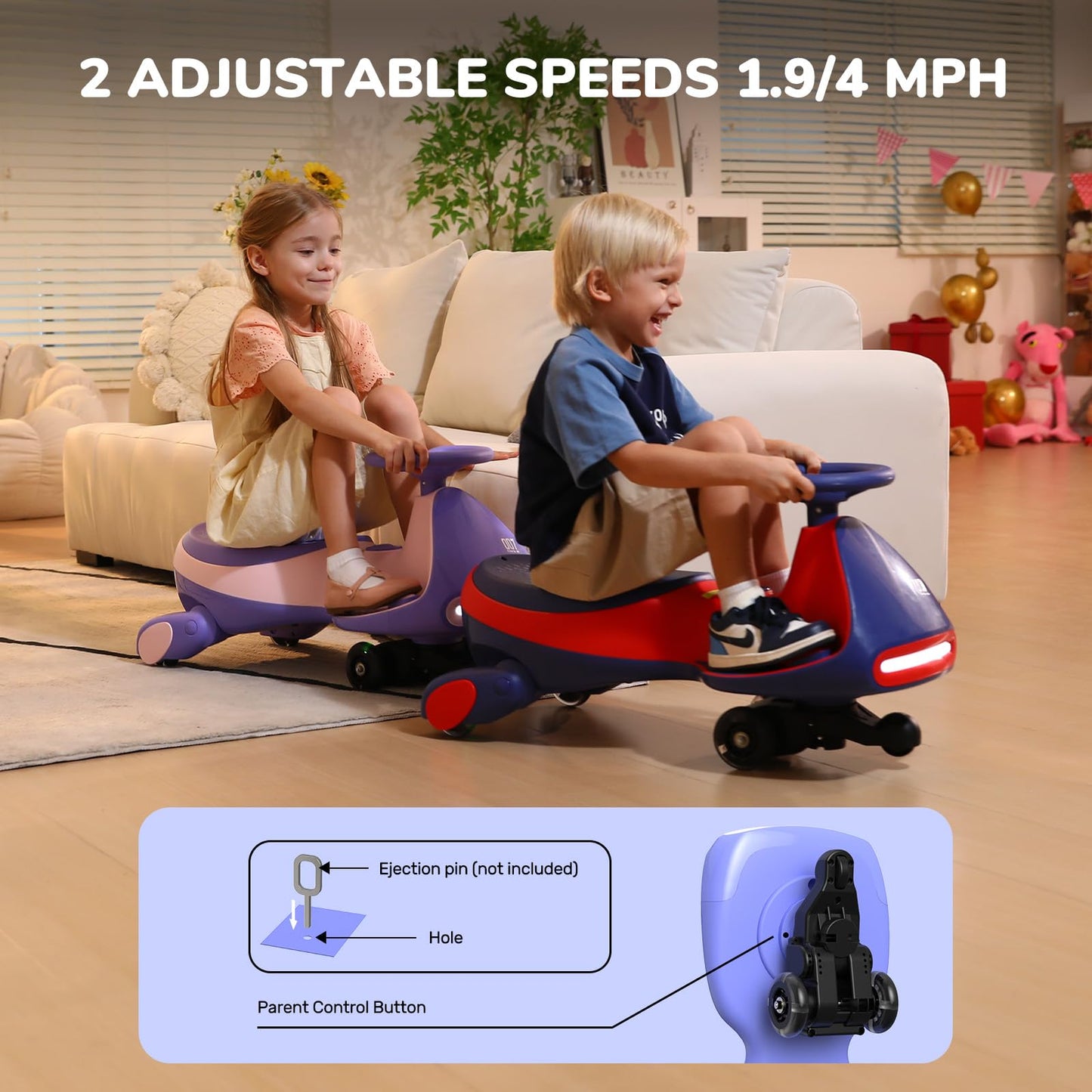 FanttikRide N7 Pro Electric Wiggle Car with Pedal, Rechargeable Battery, CyberWiggle, 2 in 1 Swing Car, 2 Speed, Anti-Rollover, Flashing Wheels, Bluetooth, for Ages 3 and Up, 150 Lbs, Pink