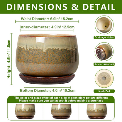 Fivepot 6 Inch Plant Pot - Ceramic Pots for Indoor Plants, Round Small Succulent Planter with Drainage and Saucer, Decorative Flower Pot, Office Room Decor, Gifts for Plant Lovers, Brown-Beige