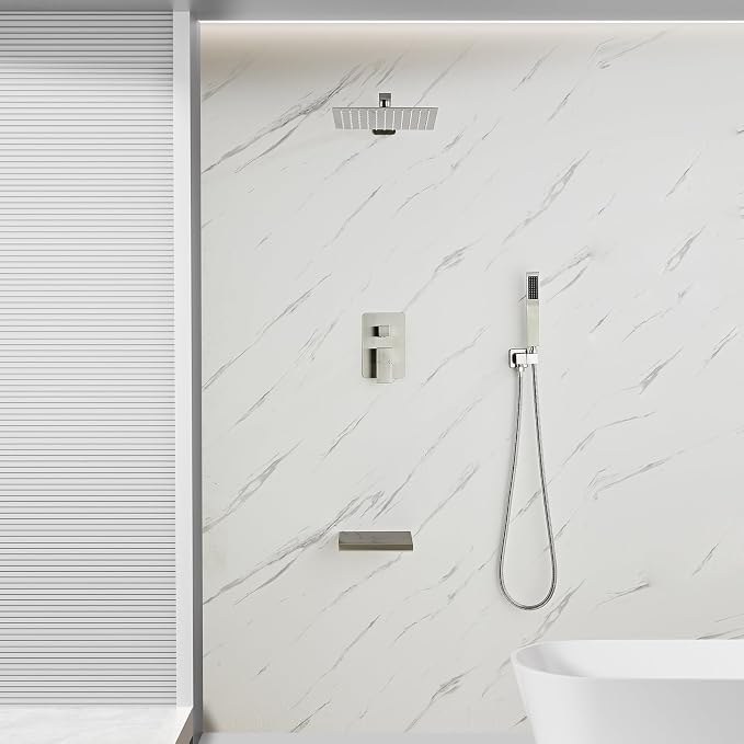 Brushed Nickel Rainfall Shower Faucet Set with Tub Spout 10 Inch, Shower Head and Handle with 2 Hooks, Rain Shower and Handheld Shower System Square Wall Mount for Bathroom