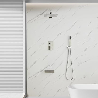 Brushed Nickel Rainfall Shower Faucet Set with Tub Spout 10 Inch, Shower Head and Handle with 2 Hooks, Rain Shower and Handheld Shower System Square Wall Mount for Bathroom