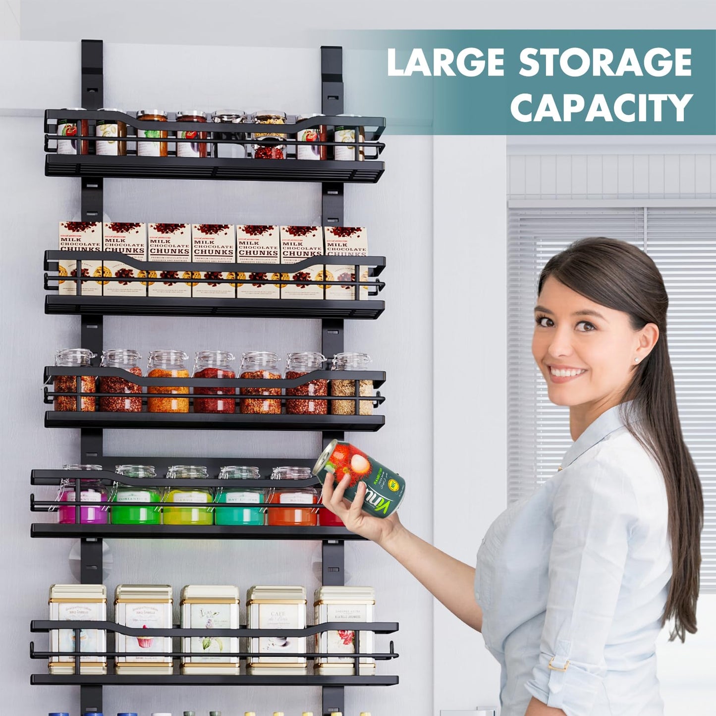 Over The Door Pantry Organizer，9-Tier Over The Door Organizer with Adjustable Basket，Metal Hanging Pantry Organizers and Storage for Kitchen, Back of Door Seasoning Rack