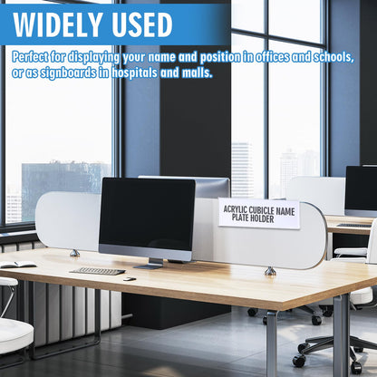 Kathfly 4 Pcs Clear Acrylic Cubicle Name Plate Holders 8.5" L x 2.5" W - Fits 3" Cubicle Wall, Single Sided Sign Holder Plastic Nameplate for Office Home Classroom Library Display
