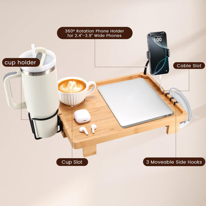 Fivebop Bedside Shelf for Dorm Bed & Top Bunk, Bamboo Bed Side Table Tray with Cup Phone Holder & Hooks, Bedside Caddy, Clip on Nightstand Bedside Storage College Dorm Room Essentials (Bamboo-1)