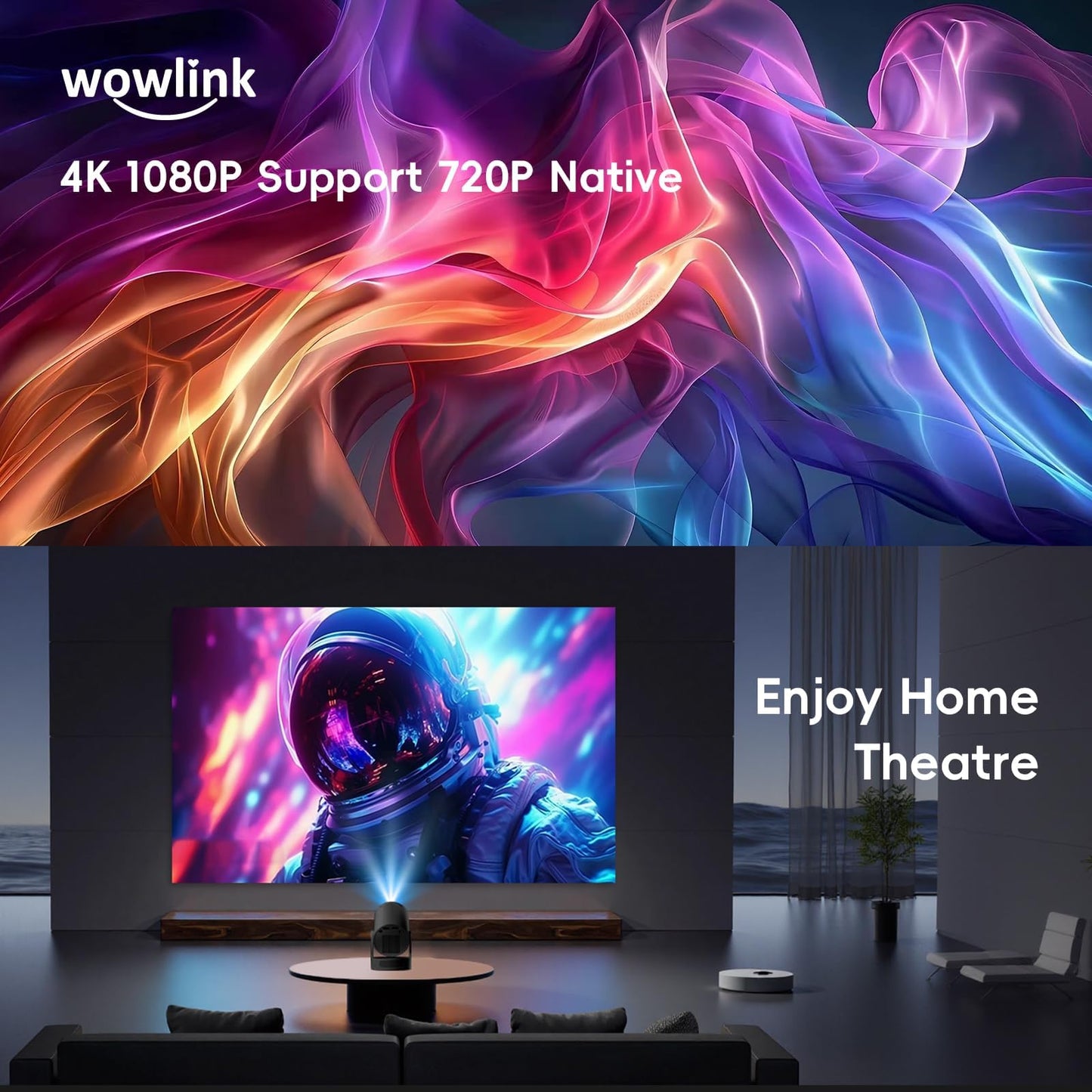 [Built-in Apps & 2025 Upgraded] Mini Projector with WiFi 6 and Bluetooth 5.4 Support 4K 1080P Auto Keystone 180° Rotatable Projector Portable Compatibile with HDMI/TV Stick/Memory Stick/Laptop, Black