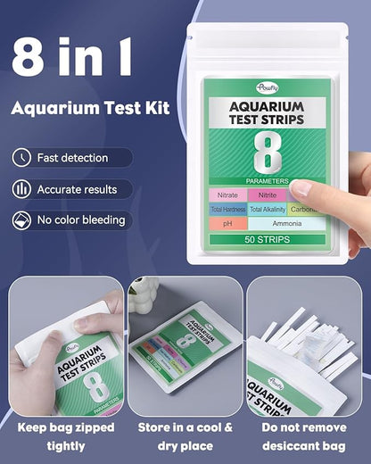 Pawfly 8 in 1 Aquarium Test Strips for pH Chlorine Nitrate Carbonate Hardness Total Alkalinity & Ammonia Water Quality Freshwater Saltwater Test Kit, 50 Strips Fish Tank Water Testing kit