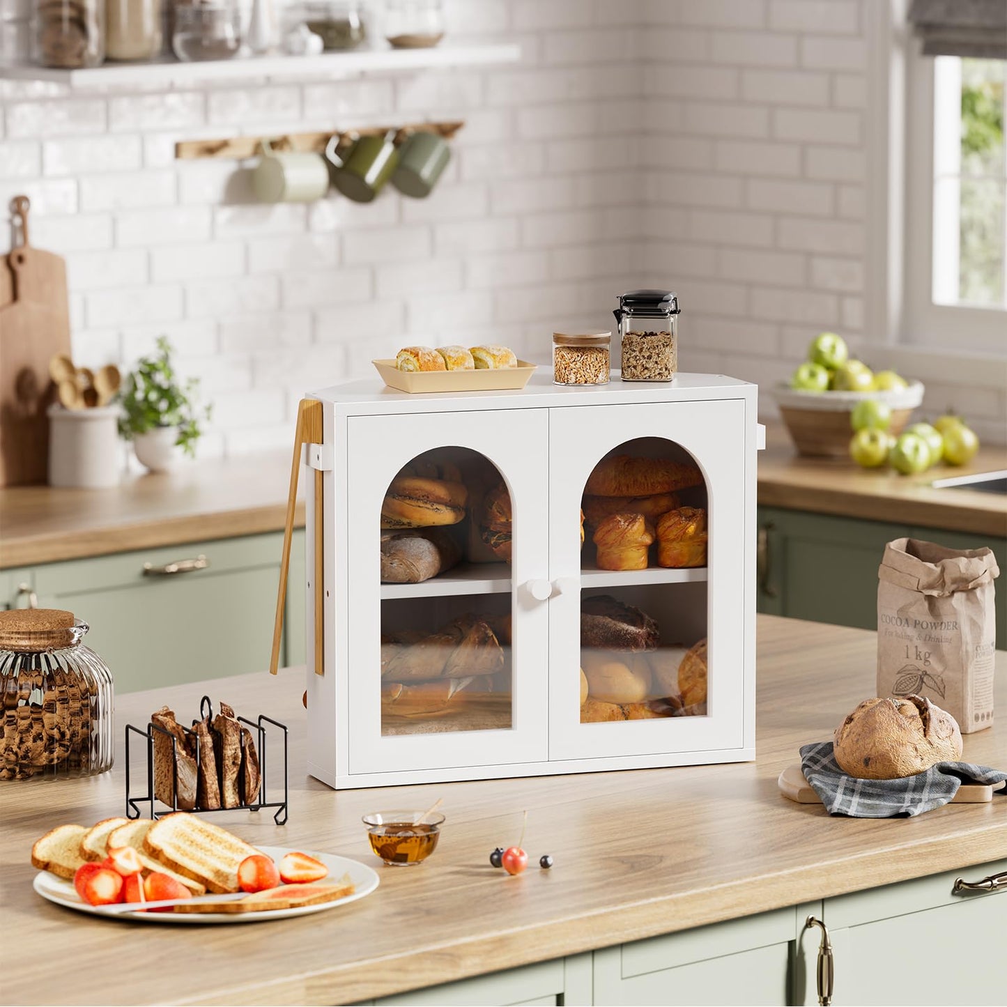 WOWLIVE Corner Bread Box for Kitchen Countertop, 2 Tier Bamboo Bread Storage Container for Homemade Bread with Clear Acrylic Door Panel, Large Bread Bin Farmhouse Breadbox Organizer (White, Medium)