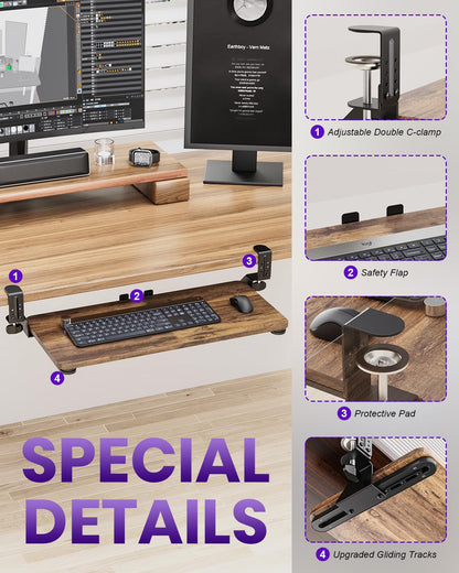 Zontera Ergonomic Mouse & Keyboard Tray Under Desk, Pull Out with Adjustable C-clamp, 20 (25.9 Including Clamps) x 11.8 Inch Slide Out Computer Keyboard Drawer Mouse Tray for Typing, Rustic Brown