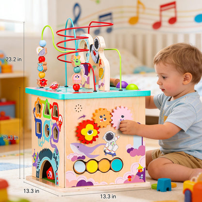 Udeas Pre-Assembled 9 in 1 Large Wooden Activity Cube. Educational Learning Toy for Kids with Bead Maze, Shape Sorter and Music Gears and More. for Toddlers 18 M+. Birthday Gifts for Boys and Girls