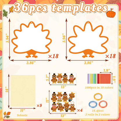 Renbuzhu 36PCS Thanksgiving Crafts Bulk: Turkey Paper Suncatchers DIY Kit for Fall Activities Decorations, Window Stained Glass Effect Art Supplies