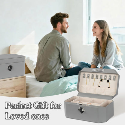 XPEDITION Biometric Fingerprint Lock Jewelry Safe Box Leather-Wrapped Two-Tier Jewelry Box with Quick Access & Keyless Entry, Steel-Reinforced Construction, Perfect for Home Use