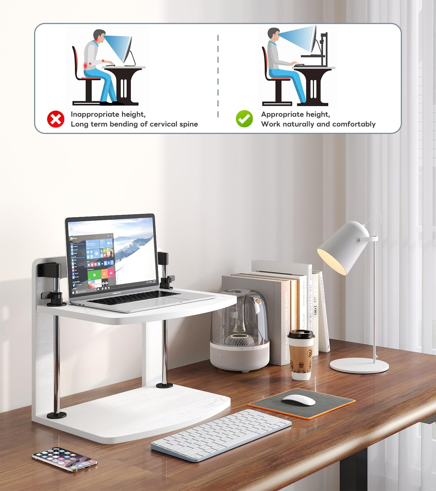 WikrOck 15.6 14 13.3 Inch Laptop Computer Monitor Stand Riser for Reduced Neck Strain, Adjustable Height Desk Shelf Organizer Monitor Riser Stand for PC Monitor Laptop - Withe - Wood Grain, MR01-L
