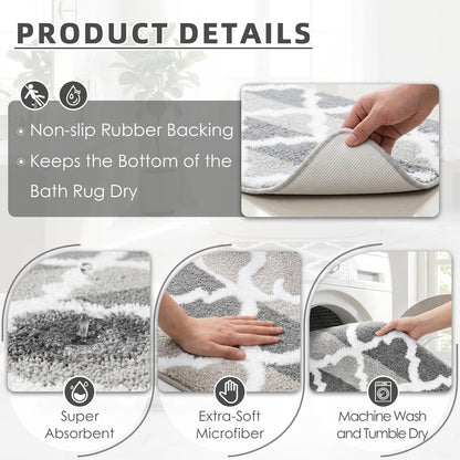 Arttown Dark and Light Grey Trellis Bathroom Rug Set 2 Piece Fluffy Microfiber Non-Slip Water Absorbent Bath Mat Soft Washable for Tub Showers Laundry Room Decor (16"x24"+20"x32")