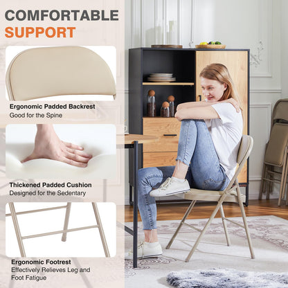 Sweetcrispy Folding Chair 8 Pack, Leather Padded Folding Chairs, Sturdy Metal Foldable Chairs, Easy to Use and Store, Outdoor and Indoor, for Home, Office, Party, Comfy, Kahki