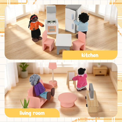 Wooden Dollhouse Furniture Set，Miniature Doll Furniture Accessories with 5 Rooms,for Kitchen, Living Room, Bedroom, Bathroom, Babyroom,Pretend Play Furniture for Toddlers 3 4 5 6 Years Old