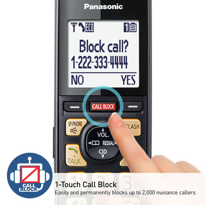 Panasonic Cordless Phone with Advanced Call Block, One-Ring Scam Alert, and 2-Way Recording with Answering Machine, 4 Handsets - KX-TGF944B (Black)