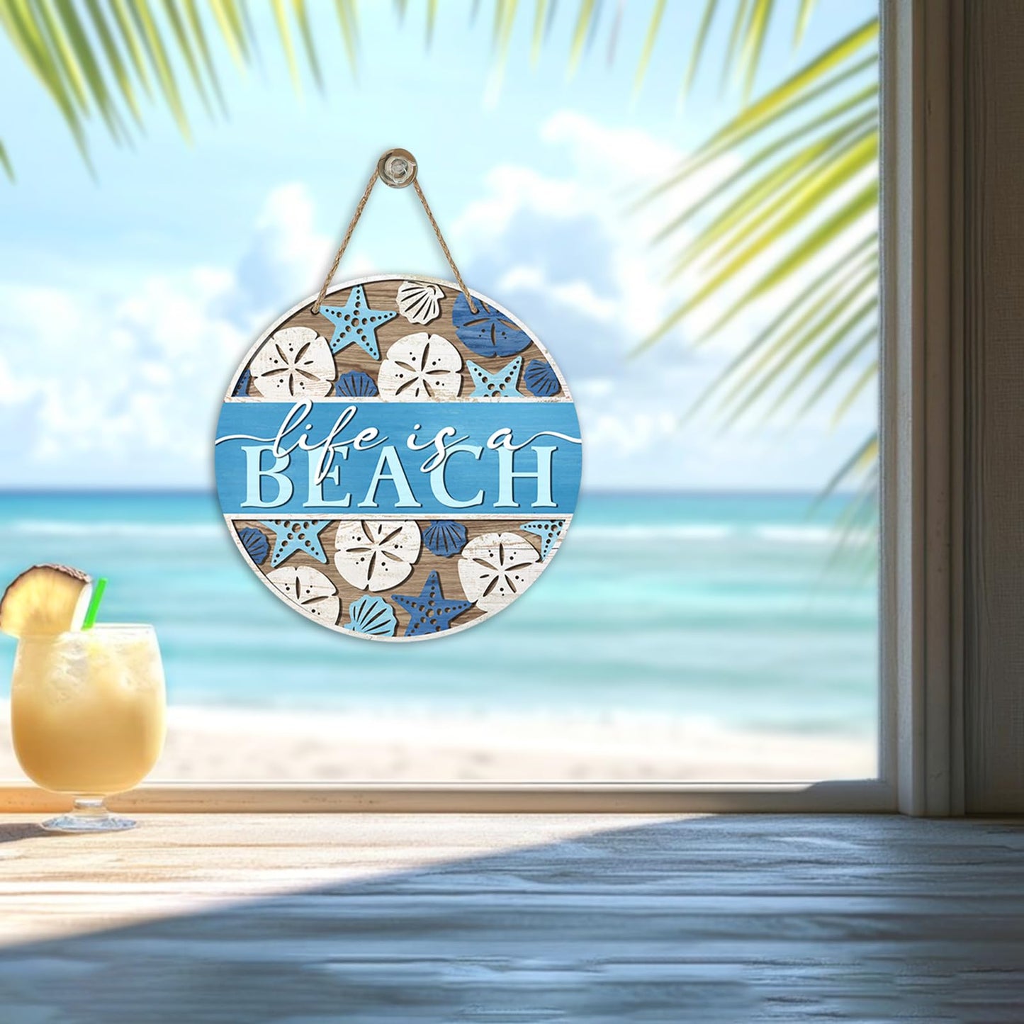 Bolisom Summer Life is a Beach Blue Front Door Sign, Coastal Starfish Shell Wood Hanger Outdoor Outside Beach House Porch Home Decor, Farmhouse Wooden Wreath Indoor Wall Hanging Decoration