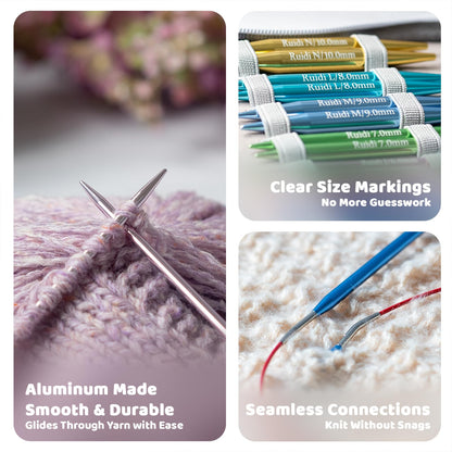 Ruidi Interchangeable Aluminum Circular Knitting Needles Set - 13 Pairs of 4 Inch (10cm) Needles with 4 Cables, Needle Holders & Leather Bag - Perfect for Smooth Knitting & Versatile Projects