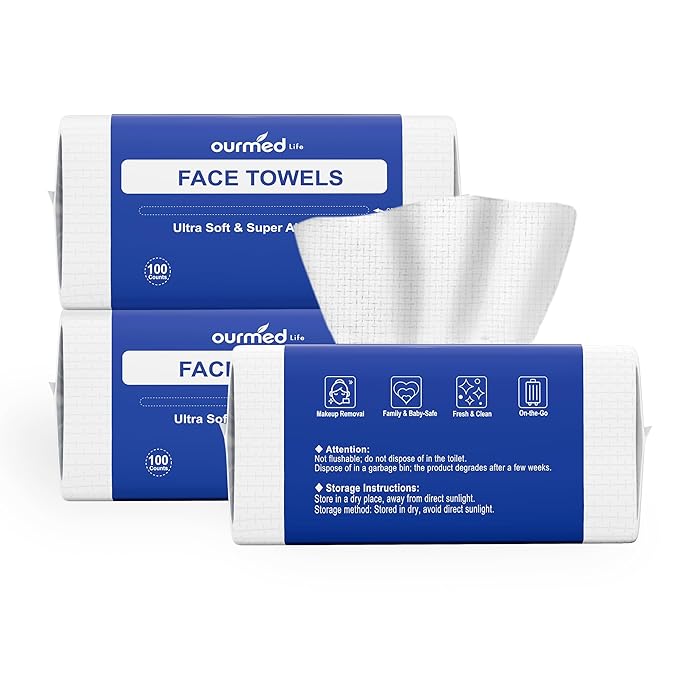 Ourmed Life Disposable Face Towel, Biodegradable Makeup Remover Wipes