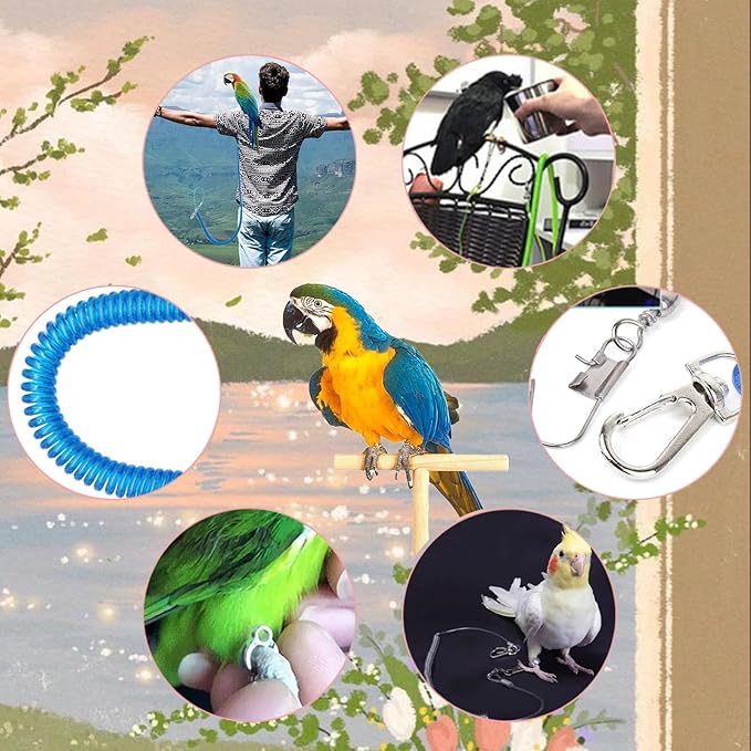 Bird Leash, Anti-Bite Parrot Harness Retractable Bird Flying Rope with 3Pcs Different Sizes of Foot Rings, Elastic String Training Harness Parrot Flight Rope (Blue, 118 Inches)