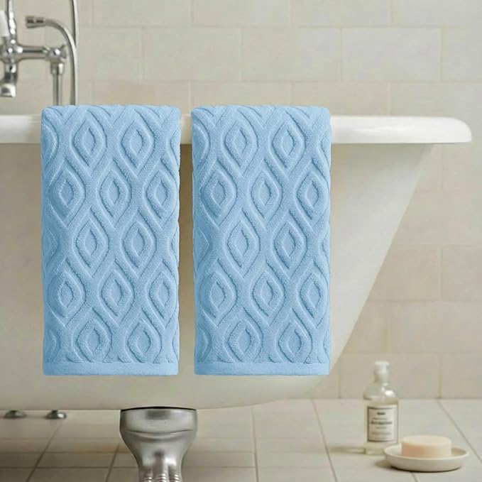 Artoid Mode 2 Pcs Light Blue 3D Diamond Grid Jacquard Hand Towels