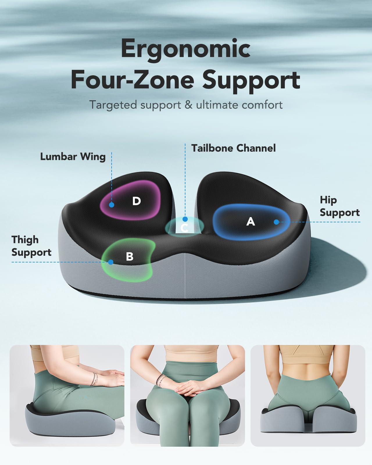 HUANUO Seat Cushion for Office Chair, Extra Large Memory Foam Cushion for Office Chair,Car & Wheelchair - Sciatica & Tailbone Pain Relief for Long Sitting, Ergonomic Design with Anti-Slip Bottom