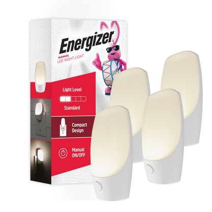 Energizer Manual On/Off LED Night Light Plug-in, Push Button, Compact, Contemporary, for Bedroom, Livingroom, Hallway, Bathroom, Nursery, Basement, White, 84135, 2 Pack