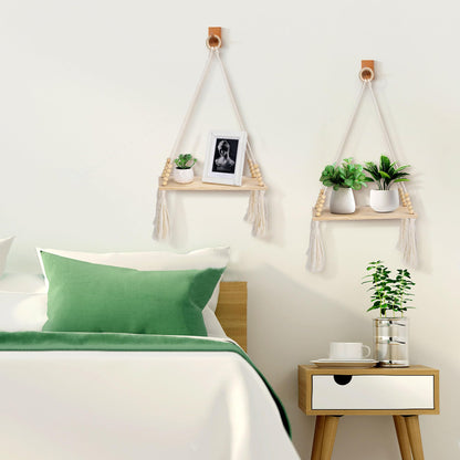 Chissen Bohe 2 Pack Wooden Wall Hanging Shelves, Macrame Plant Wall Shelf with Tassel, Storage Floating Shelves for Books Photos,Wall Shelves for Living Room,Bedroom, Handmade Stand Holder Home Decor