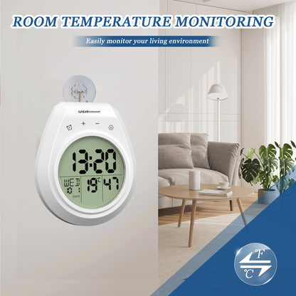 USAOSHOP Shower Clock Waterproof Bathroom Timer, Digital Wall Clock Kitchen Clock with Countdown, Touch Screen, Temperature, Calendar, Suction Cup Hanging Hole, for Spa Cook Bath