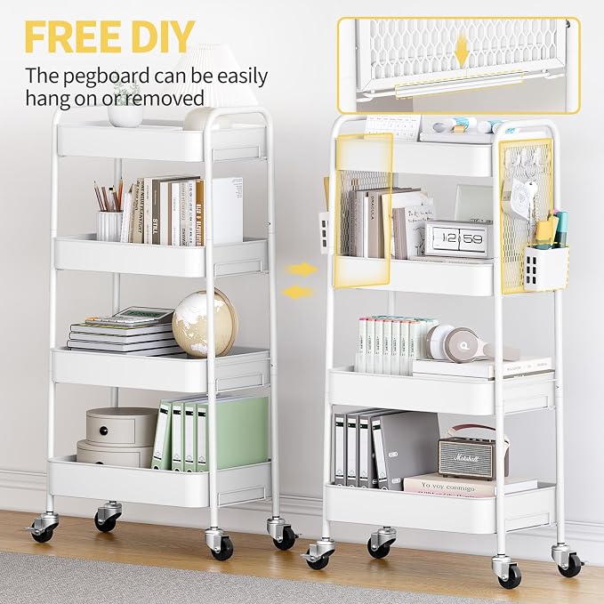 TOOLF 4 Tier Rolling Cart with Pegboard, Metal Storage Organizer Cart with Wheels, Hooks & Bins Esthetician Craft Art Sturdy Storage for Bathroom, Kitchen, Office, Nursery Diaper