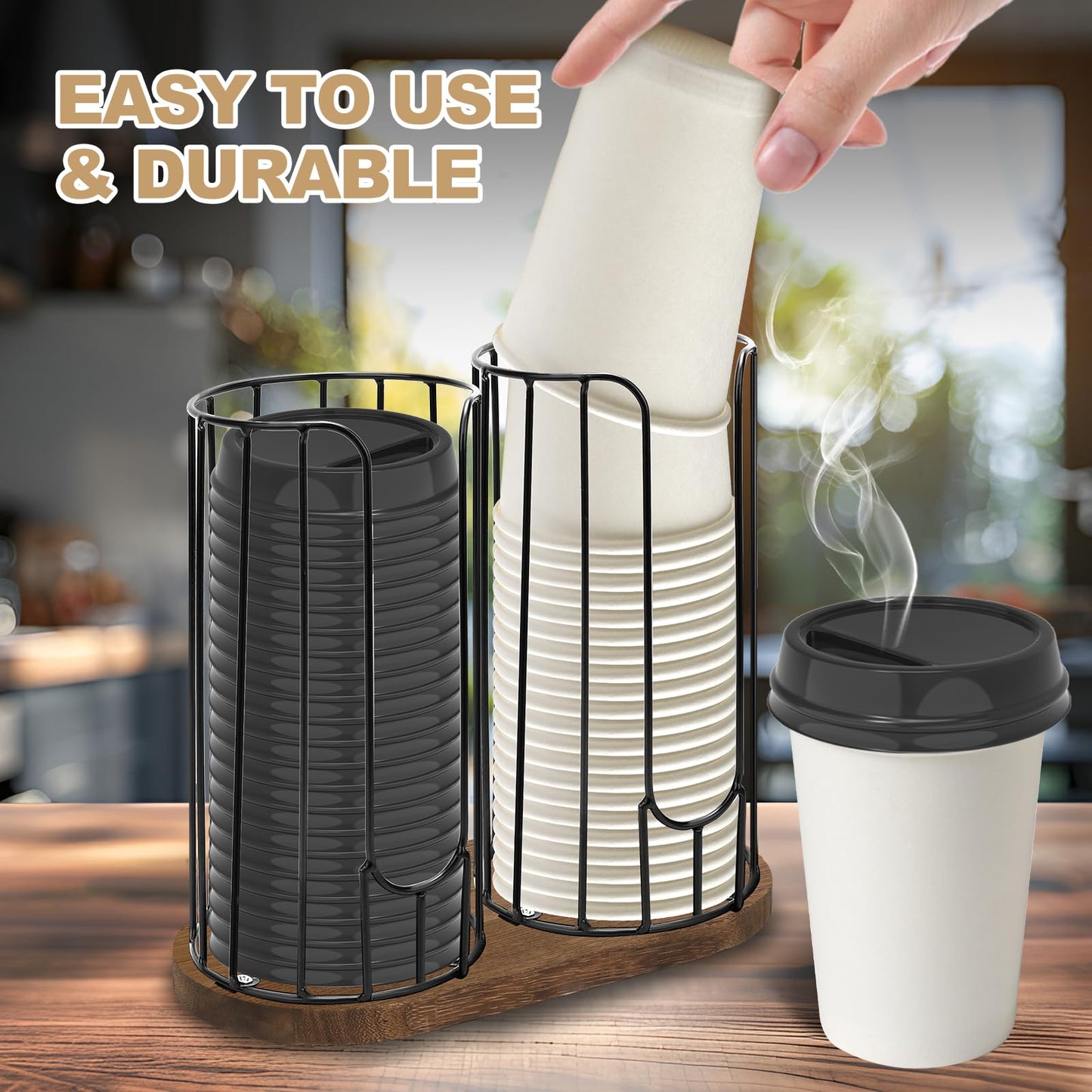 Tanggiteck 2-Compartment 18oz Coffee Cup Dispenser Rack with Wood Base, Disposable Cup, and Lid Organizer for Countertop - Perfect for Paper Cups, and Lid Organizer