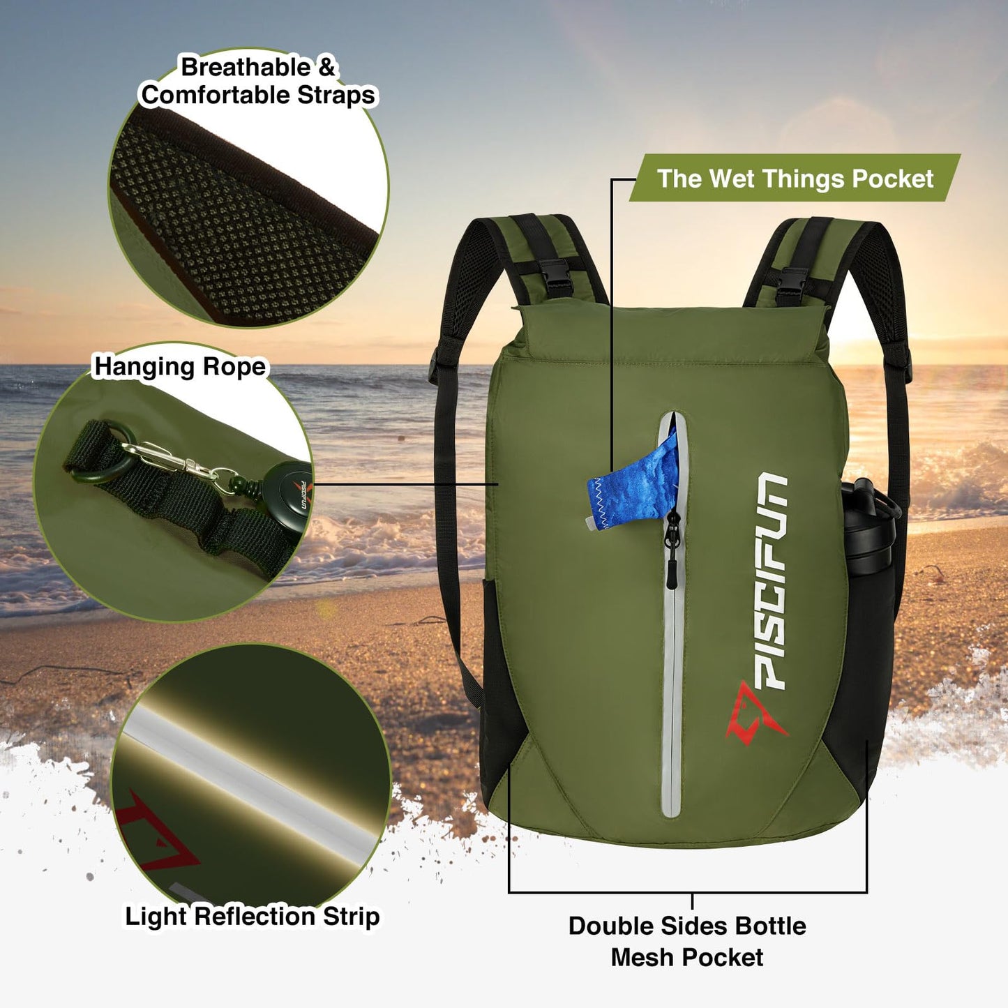 Piscifun Dry Bag Waterproof, Floating Dry Backpack, Lightweight Waterproof Dry Bag with Waist Pouch and Phone Case for Kayaking, Camping, Beach, Boating & Swimming for Men & Women Army Green 20L