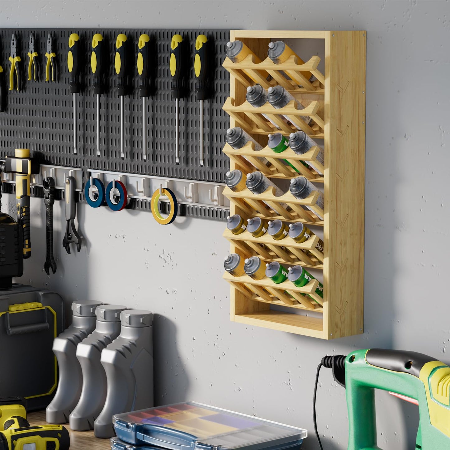 foriy 24 Can Spray Paint Holder – 6-Tier Wooden Aerosol Organizer Rack Wall Mounted Spray Can Organizer for Lubricant, Oil, Garage, Workshop, Craft Room, Space Saving Storage (14.2" L x 5" W x 30" H)
