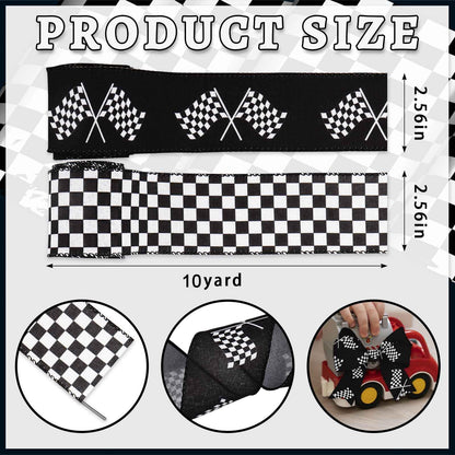 2 Rolls Black and White Checkered Flag Ribbon – Racing Flag Wired Ribbon for Wreath Bow Gift Wrapping Crafts Decoration 2.5 Inch × 10 Yards Black White Checkered Ribbons for Race Theme Party Supplies