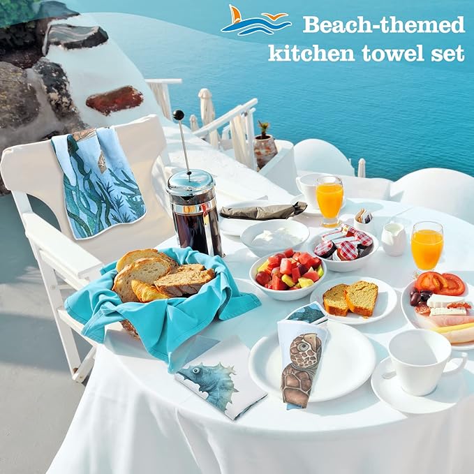 Boyiee Set of 6 Beach Kitchen Towels Sea Ocean Animal Nautical Tea Towels 24 x