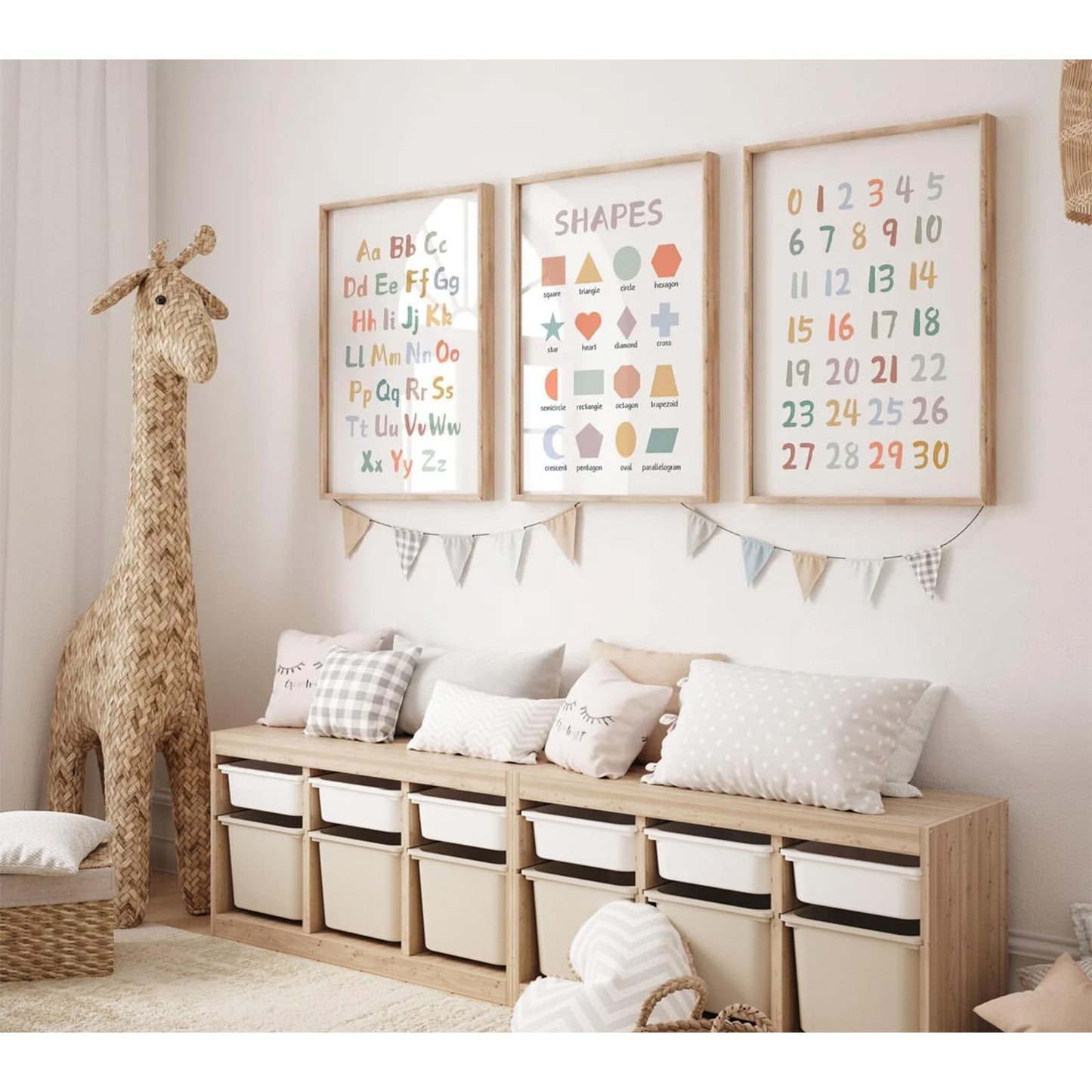 Kids Playroom Wall Art Decor Nursery ABC Alphabet Poster Play Room Canvas Wall Decor Toddler Childrens Educational Artwork Numbers Shapes Prints ABC Picture for Playroom 12x16 Inch Unframed Set of 3