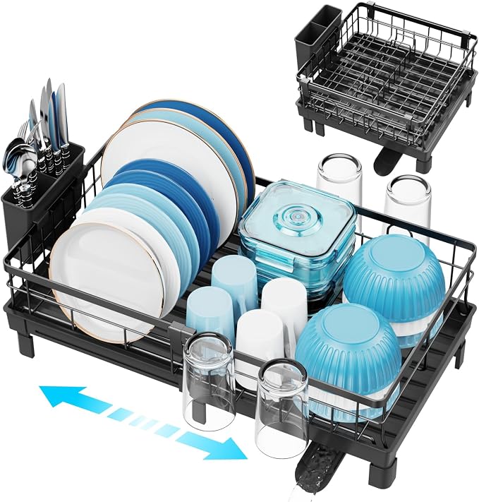 GSlife Expandable Dish Drying Rack - Countertop Drainer, 12-20.5", Black | Compact Extendable Design, Swivel Drain Spout, Cup and Utensil Holder, for Small Kitchen, RV, Countertop Dish Drainer Tray