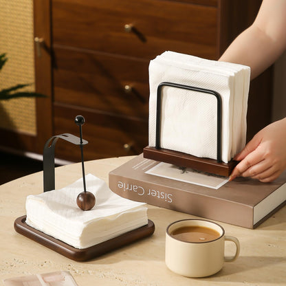 Napkin Holder with Wooden Base and Black Metal Frame, Modern Style for Dining Table (square)