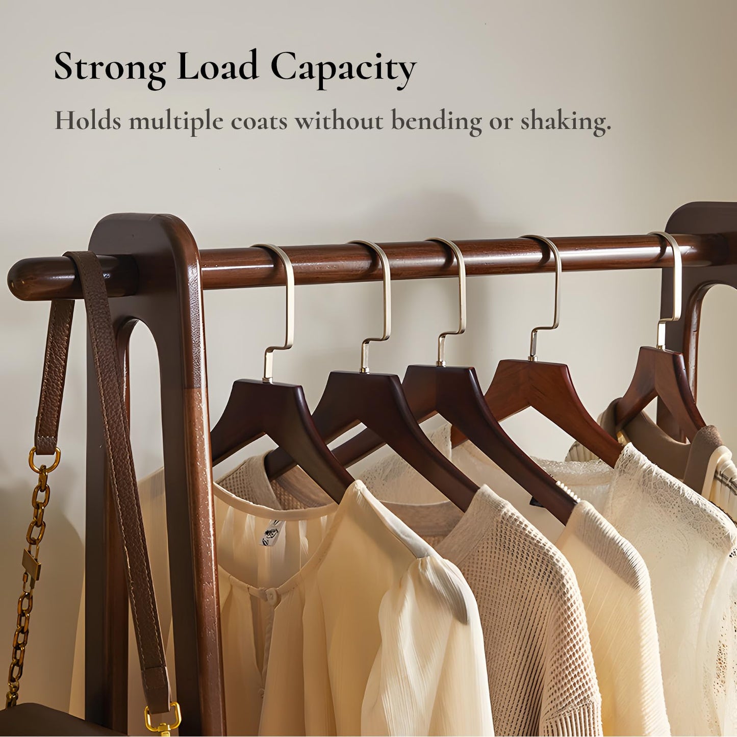 Cttasty Solid Wood Clothing Rack with Shelf, Freestanding Garment Rack with Hooks, Rubberwood Clothes Organizer for Bedroom Entryway, Minimalist Wooden Clothes Stand (Walnut, 31.5" W)