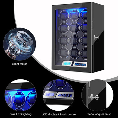 GCCRGRC Watch Winder 12 Slots Automatic Watches,Ultra-Quiet Japanese Motors, Built-in LED Illumination and LCD Touchscreen Control